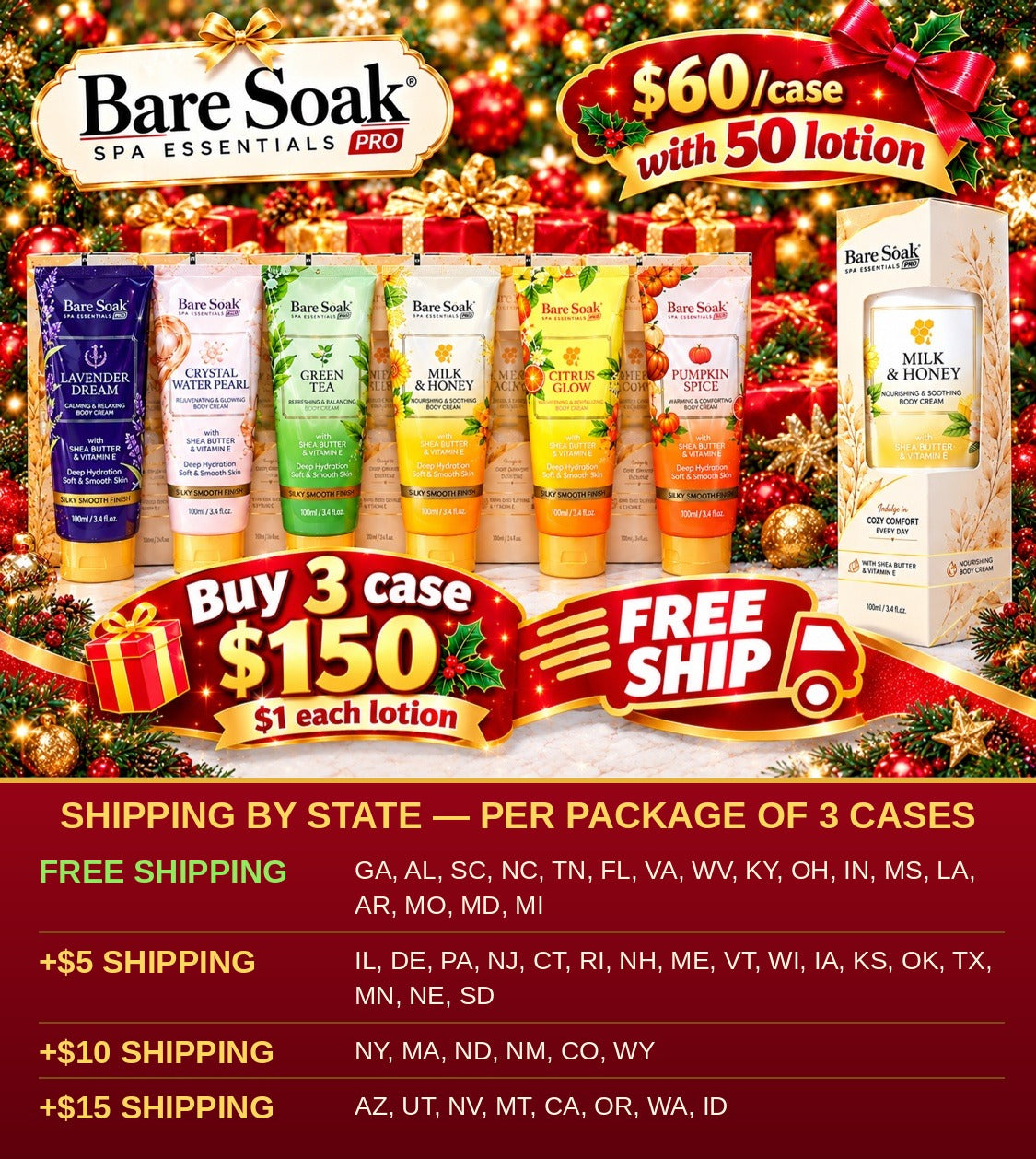 BareSoak Gift Lotion : 100ml/3.4oz : 150 Tubes (Choose 3 Scents : 50 Each) : Free Shipping Selected States